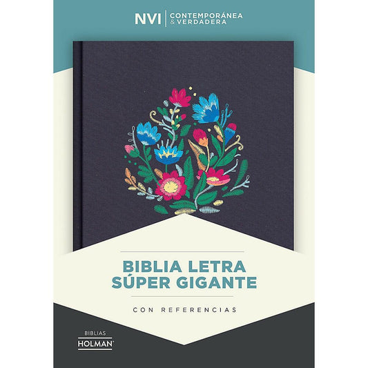 NVI Biblia Letra Súper Gigante, azul bordado sobre tela - Pura Vida Books