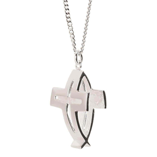 Open Cross/Fish Silver Plate 24" Necklace - Pura Vida Books