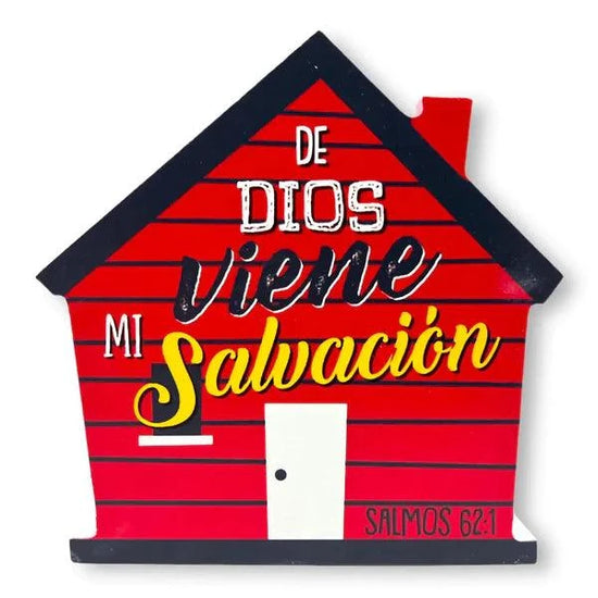 Plaqué de madera con forma de casa. De Dios viene mi salvación. - Pura Vida Books