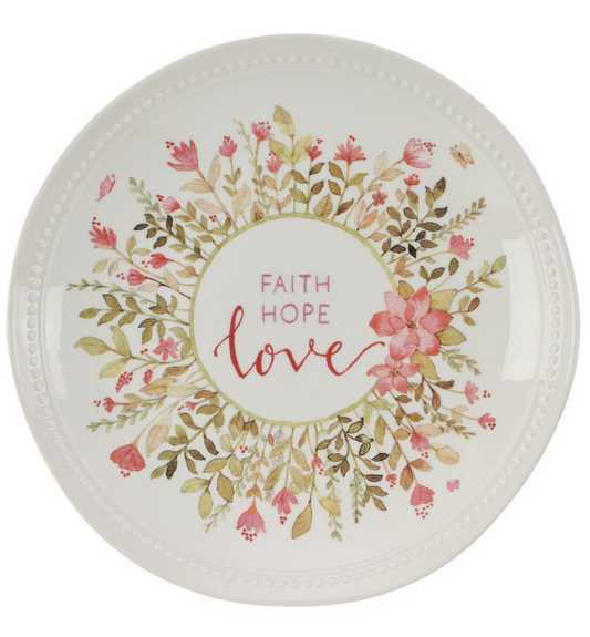 Plato de cerámica floral rosa Faith, Hope, Love