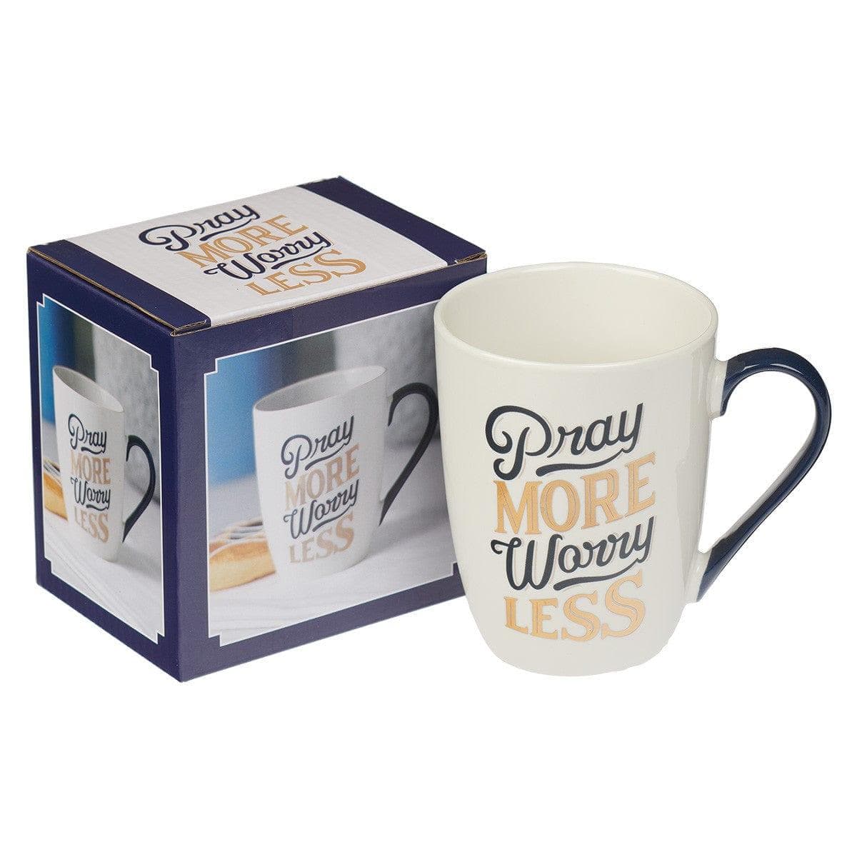 Pray More Worry Less Navy and Gold Ceramic Coffee Mug - Pura Vida Books