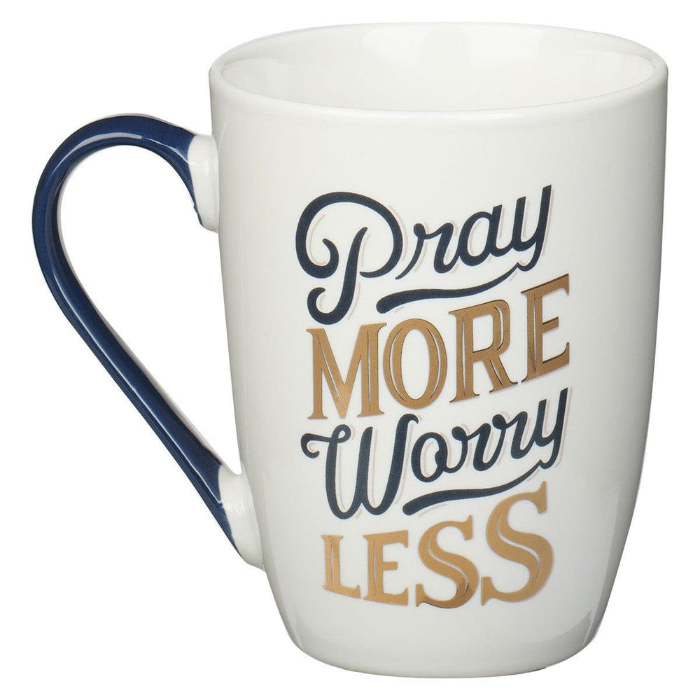 Pray More Worry Less Navy and Gold Ceramic Coffee Mug - Pura Vida Books