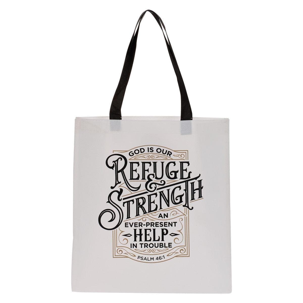 Refuge and Strength Black and White Shopping Tote Bag - Psalm 46:1 - Pura Vida Books