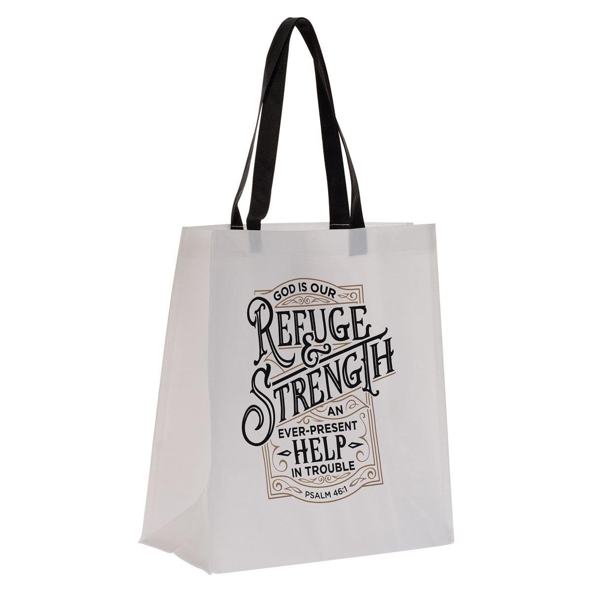 Refuge and Strength Black and White Shopping Tote Bag - Psalm 46:1 - Pura Vida Books