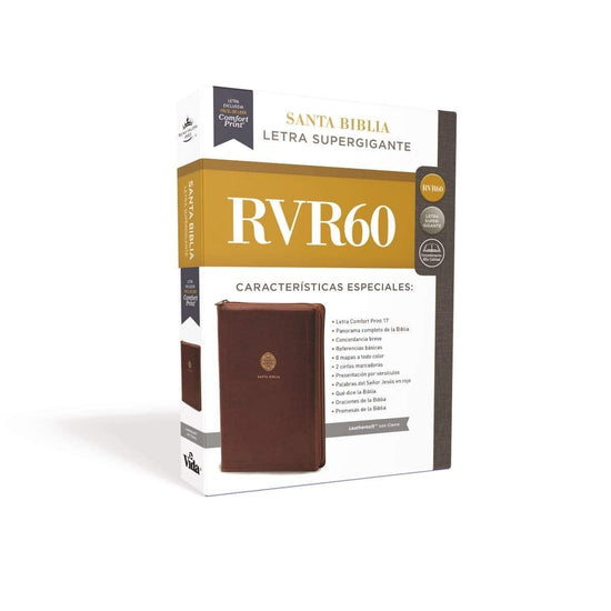 RVR60 Santa Biblia Letra Supergigante, Leathersoft, Café c/Cierre - Pura Vida Books