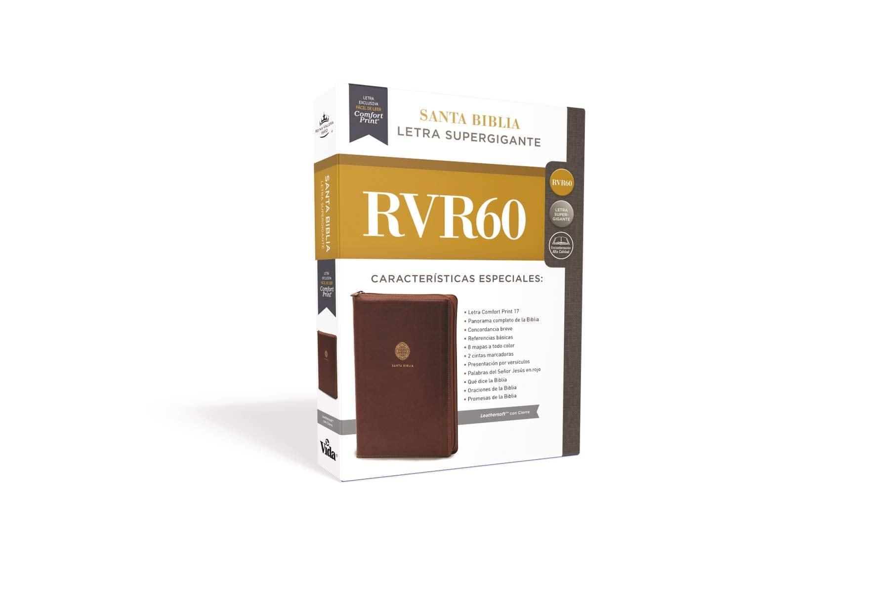 RVR60 Santa Biblia Letra Supergigante, Leathersoft, Café c/Cierre - Pura Vida Books