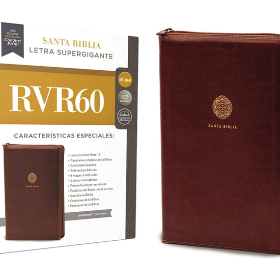 RVR60 Santa Biblia Letra Supergigante, Leathersoft, Café c/Cierre - Pura Vida Books