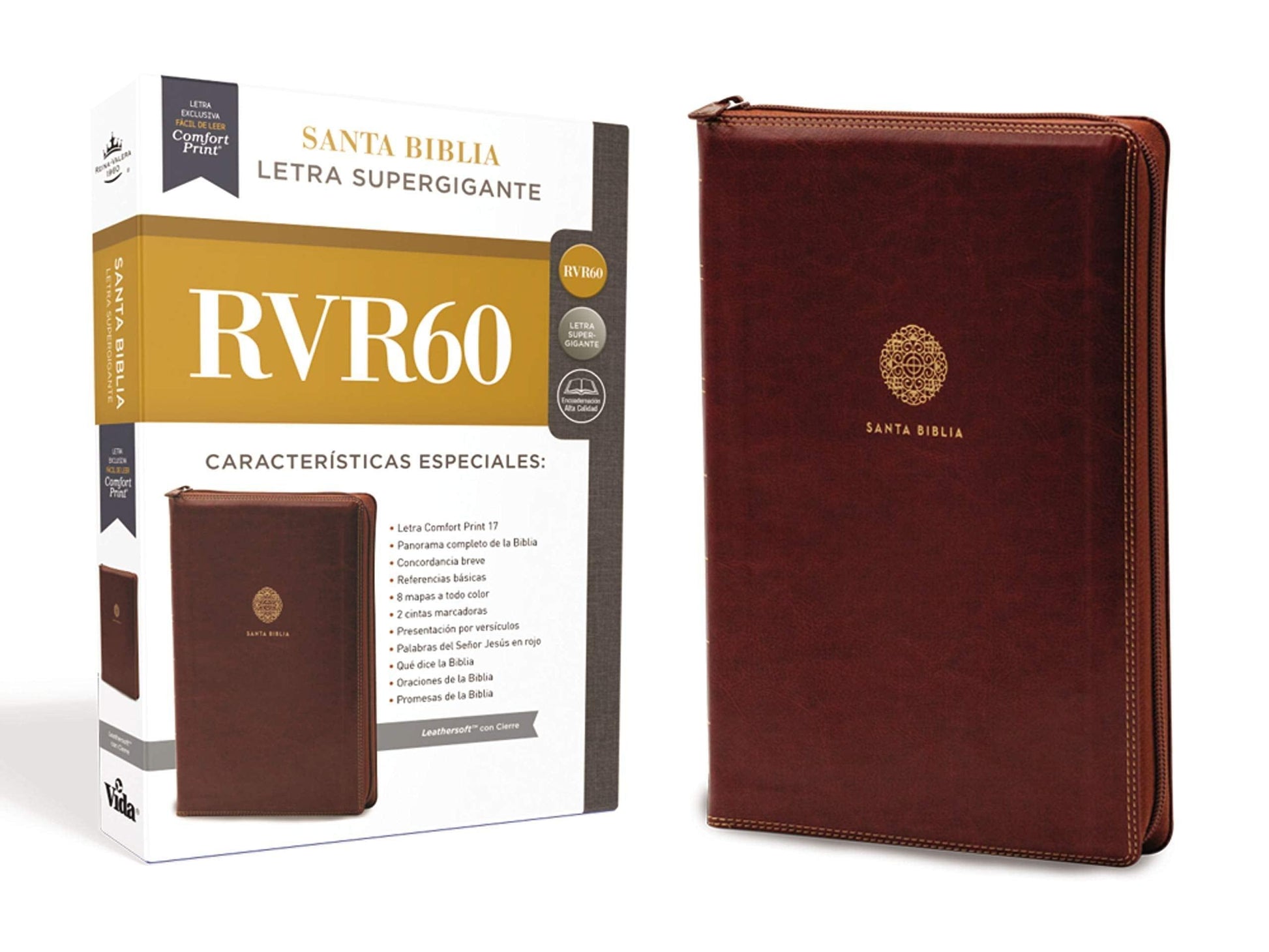 RVR60 Santa Biblia Letra Supergigante, Leathersoft, Café c/Cierre - Pura Vida Books