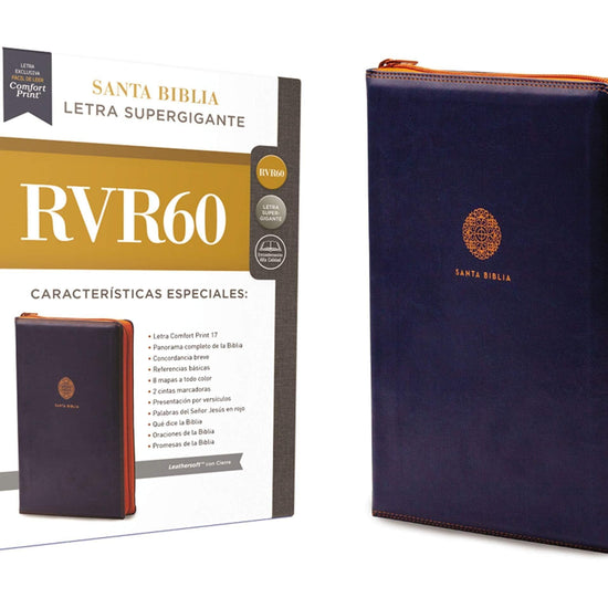 RVR60 Santa Biblia Letra Supergigante, Leathersoft c/Cierre, Azul - Pura Vida Books