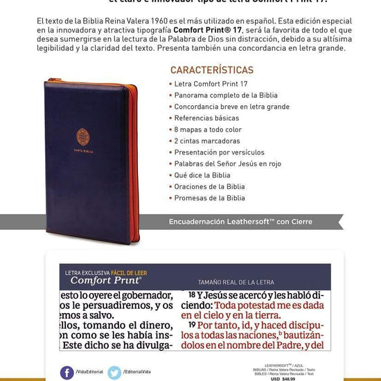 RVR60 Santa Biblia Letra Supergigante, Leathersoft c/Cierre, Azul - Pura Vida Books