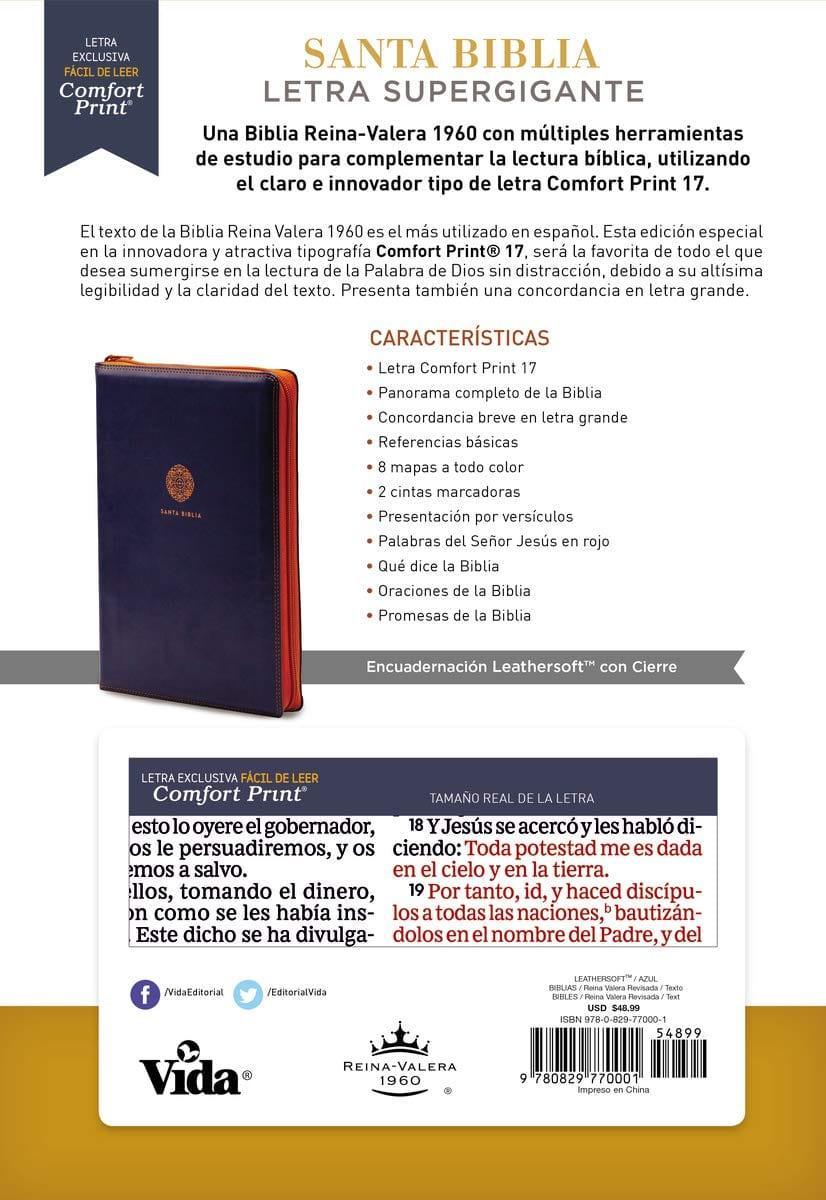 RVR60 Santa Biblia Letra Supergigante, Leathersoft c/Cierre, Azul - Pura Vida Books