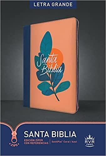 Santa Biblia RVR60, Edición zíper con referencias, letra grande, SentiPiel, Coral/Azul - Pura Vida Books