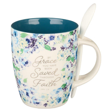 Saved by Grace Blue Floral Ceramic Coffee Mug with Spoon - Ephesians 2:8 - Pura Vida Books