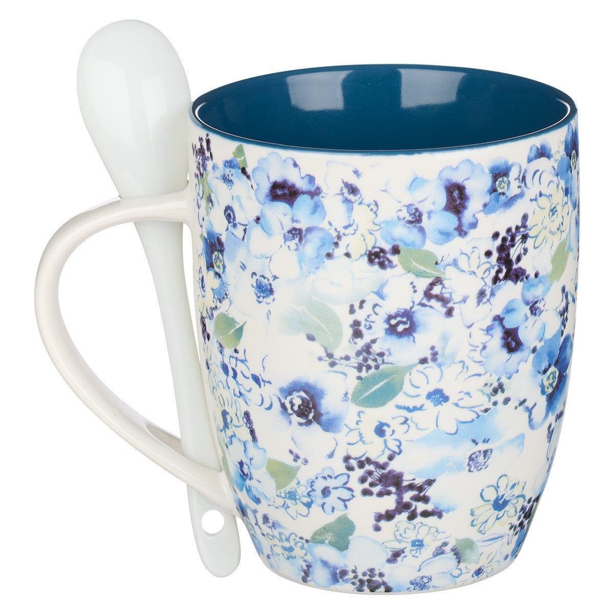 Saved by Grace Blue Floral Ceramic Coffee Mug with Spoon - Ephesians 2:8 - Pura Vida Books