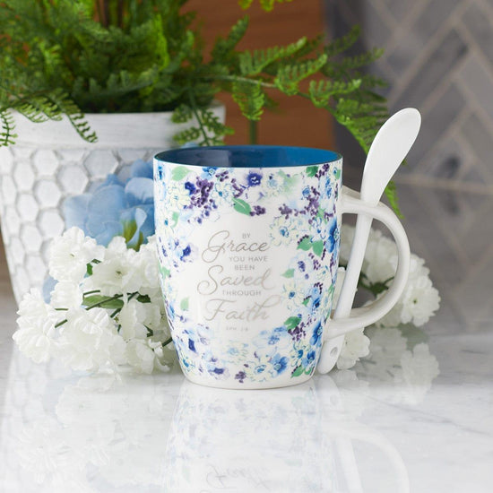 Saved by Grace Blue Floral Ceramic Coffee Mug with Spoon - Ephesians 2:8 - Pura Vida Books