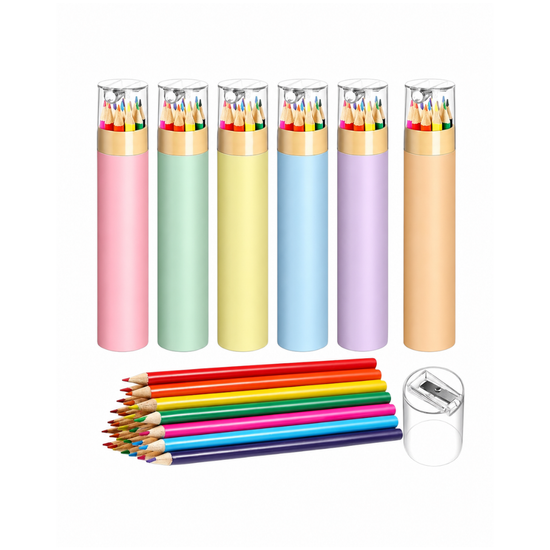 Set de 12 lápices de colores en tubo pastel con sacapuntas, seis colores de estuche
