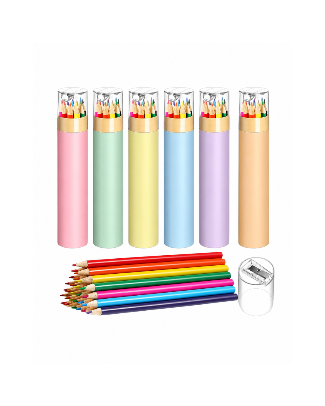 Set de 12 lápices de colores en tubo pastel con sacapuntas, seis colores de estuche