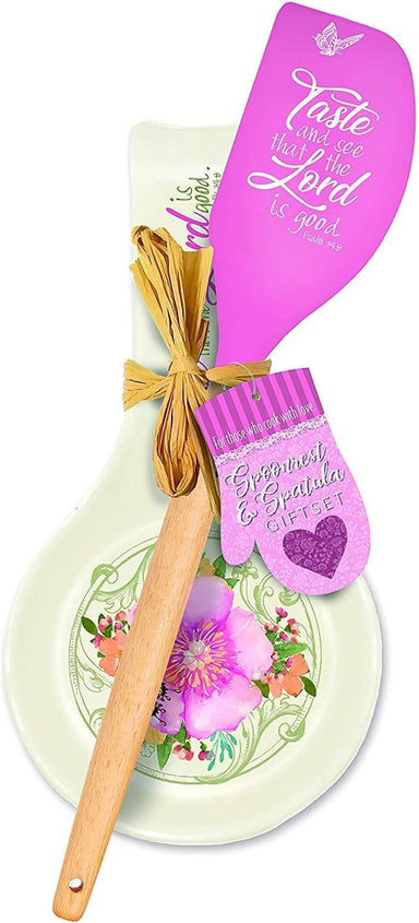 Set de regalo con espátula y cuchara de cerámica brillante, diseño de sabor y verde, color rosa - Pura Vida Books