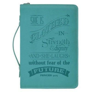 She is Clothed in Strength and Dignity Bible Cover, Teal - Pura Vida Books