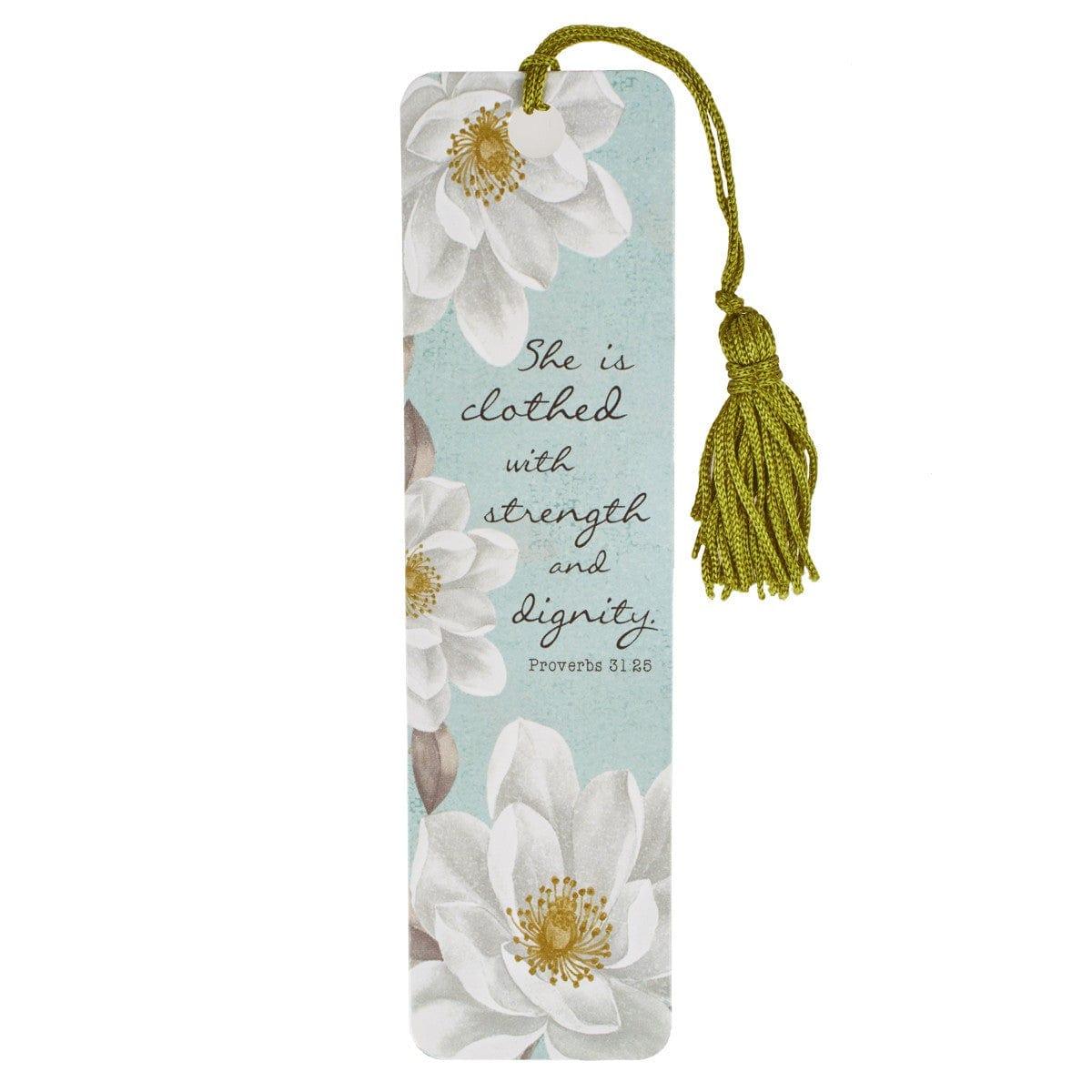 She Is Clothed with Strength and Dignity Bookmark with Tassel - Proverbs 31:25 - Pura Vida Books