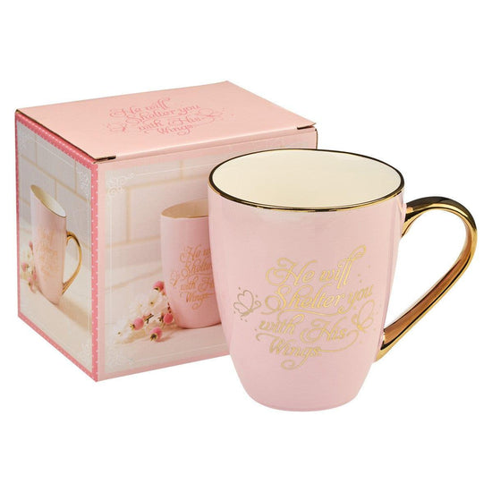 Shelter You Pink and Gold Ceramic Mug - Psalm 91:4 - Pura Vida Books