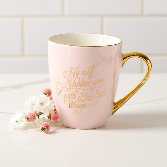 Shelter You Pink and Gold Ceramic Mug - Psalm 91:4 - Pura Vida Books