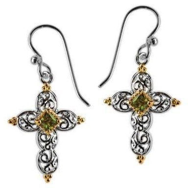 Silver Open Heart Cross with Gold and Olivine Cubic Zirconia Earrings - Pura Vida Books