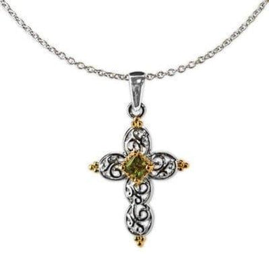 Silver Open Heart Cross with Gold and Olivine Cubic Zirconia Necklace - Pura Vida Books