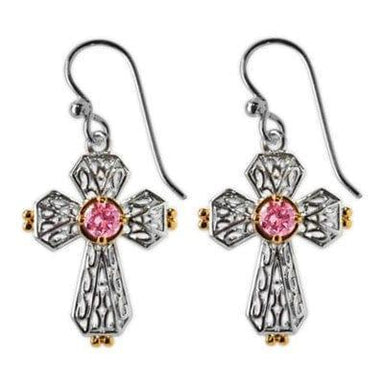 Silver Open Heart Cross with Gold and Pink Cubic Zirconia Earrings - Pura Vida Books