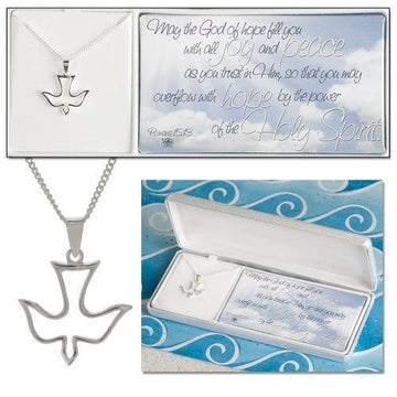 Silver Plated Romans 15:13 Open Descending Dove on 18 inch Chain - Pura Vida Books