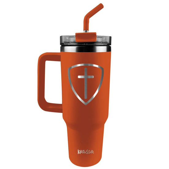 Stainless Steel Mug With Straw Cross Shield - Pura Vida Books