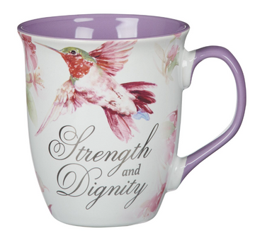 Strength and Dignity Hummingbird Purple Ceramic Coffee Mug - Proverbs 31:25