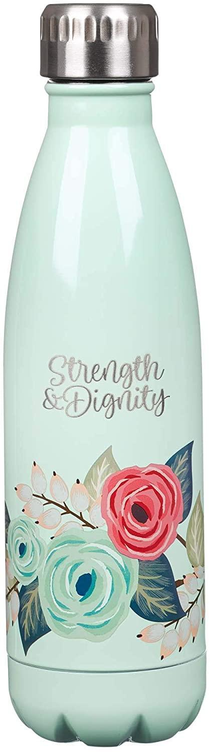 Strength & Dignity Mint Floral Stainless Steel Water Bottle - Proverbs 31:25 - Pura Vida Books