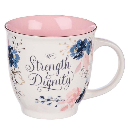 Strength & Dignity Pink and Blue Floral Ceramic Coffee Mug – Proverbs 31:25 - Pura Vida Books