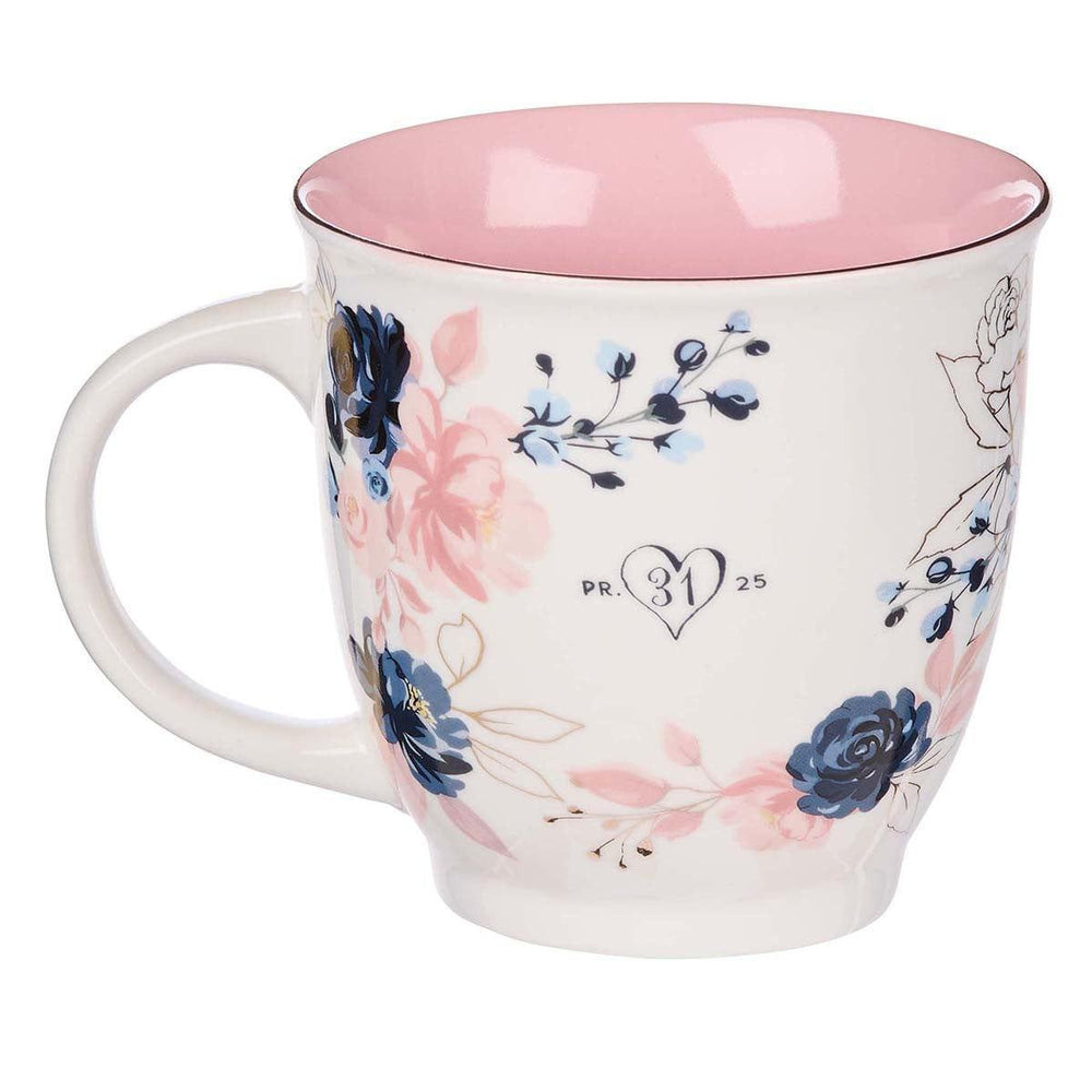 Strength & Dignity Pink and Blue Floral Ceramic Coffee Mug – Proverbs 31:25 - Pura Vida Books