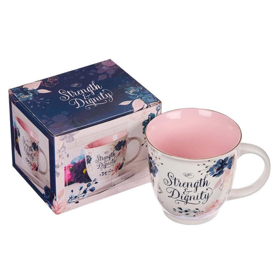 Strength & Dignity Pink and Blue Floral Ceramic Coffee Mug – Proverbs 31:25 - Pura Vida Books