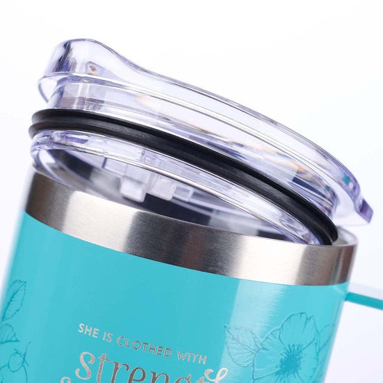 Strength & Dignity Teal Camp Style Stainless Steel Mug - Proverbs 31:25 - Pura Vida Books