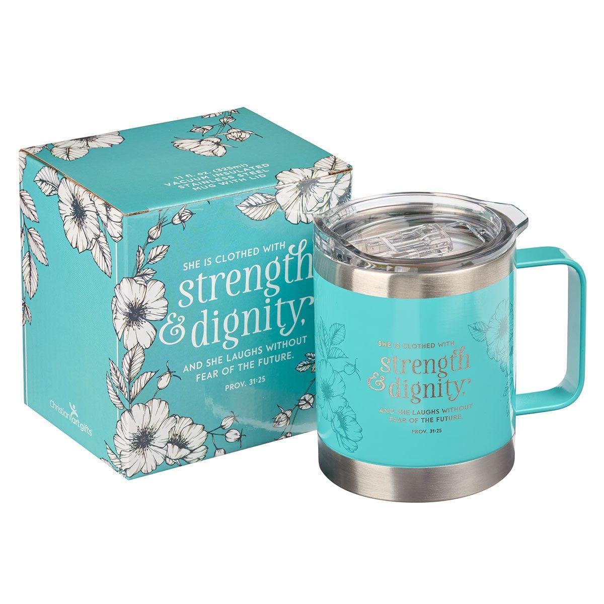 Strength & Dignity Teal Camp Style Stainless Steel Mug - Proverbs 31:25 - Pura Vida Books