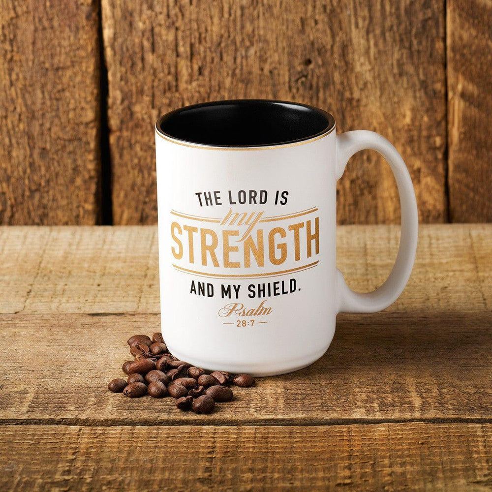 Strength and Shield White and Black Ceramic Coffee Mug - Psalm 28:7 - Pura Vida Books
