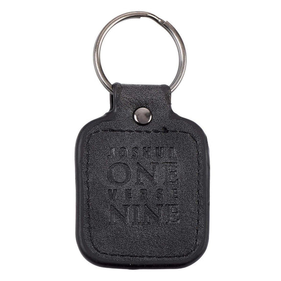 Strong and Courageous Black Faux Leather Key Ring in Tin - Joshua 1:9 - Pura Vida Books