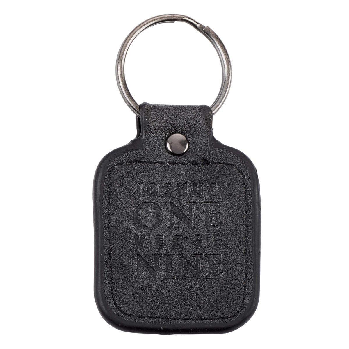 Strong and Courageous Black Faux Leather Key Ring in Tin - Joshua 1:9 - Pura Vida Books