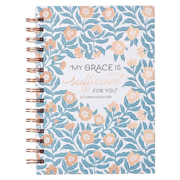 Sufficient Grace Teal Floral Large Wirebound Journal - 2 Corinthians 12:9 - Pura Vida Books