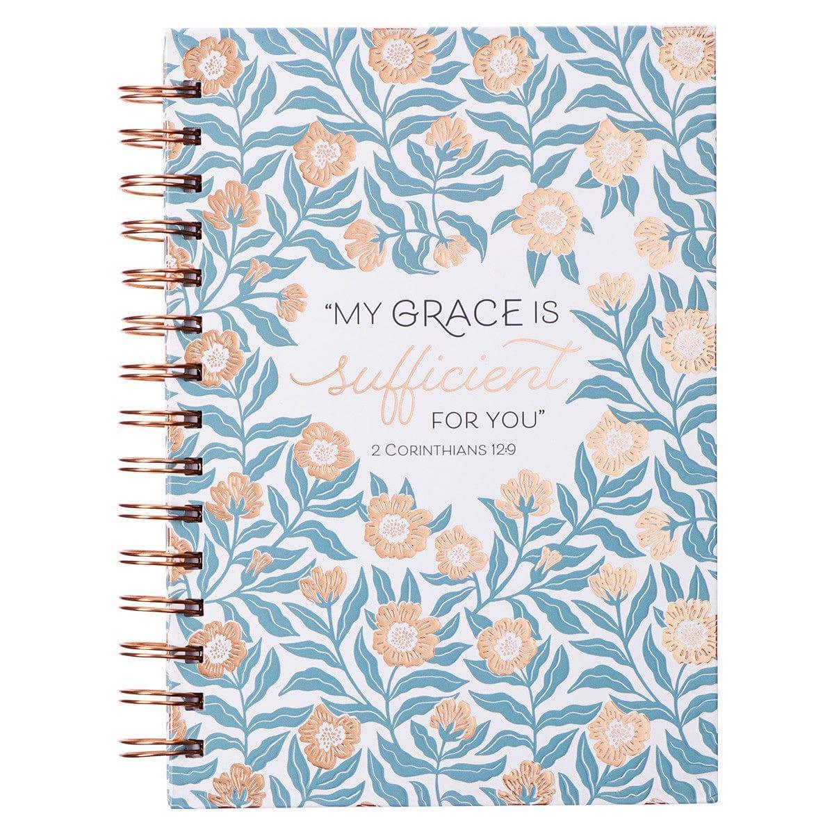 Sufficient Grace Teal Floral Large Wirebound Journal - 2 Corinthians 12:9 - Pura Vida Books