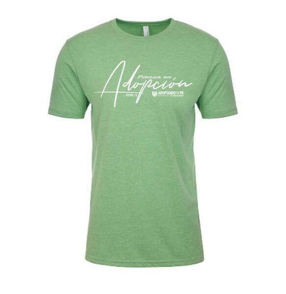 T-shirt de adultos verde - "PIENSA EN ADOPCIÓN" - Pura Vida Books