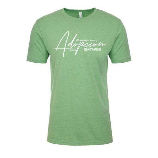 T-shirt de adultos verde - "PIENSA EN ADOPCIÓN" - Pura Vida Books