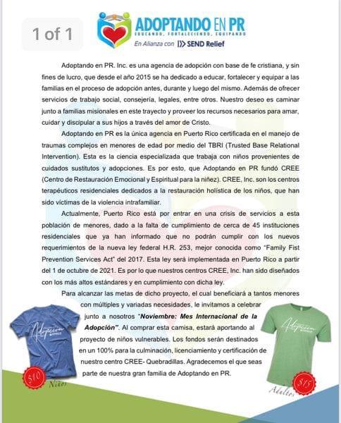T-shirt de niños azul - "PIENSA EN ADOPCIÓN" - Pura Vida Books