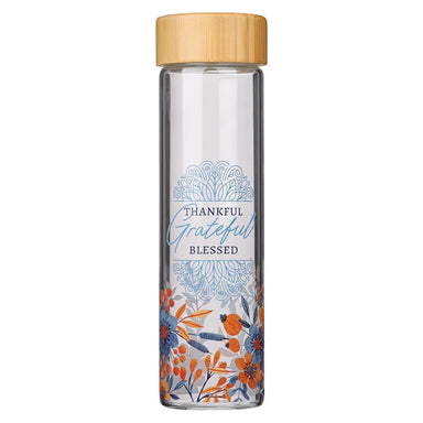Thankful Grateful Blessed Glass Water Bottle with Bamboo Lid and Sleeve - Pura Vida Books