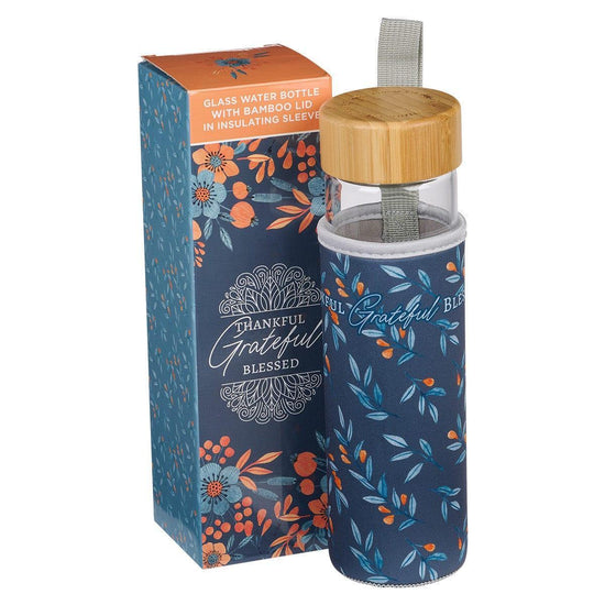 Thankful Grateful Blessed Glass Water Bottle with Bamboo Lid and Sleeve - Pura Vida Books