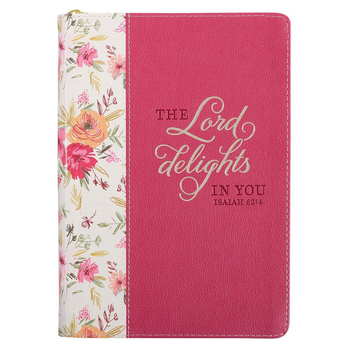 The LORD Delights in You Berry Pink Faux Leather Classic Journal with Zipper Closure - Isaiah 62:4 - Pura Vida Books