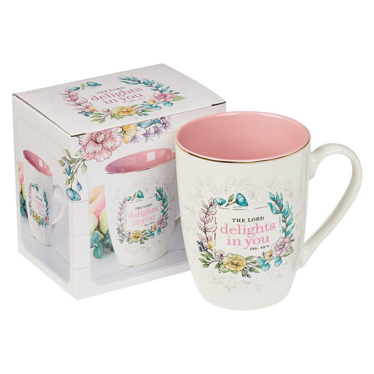 The LORD Delights in You Pink Floral Ceramic Coffee Mug - Isaiah 62:4 - Pura Vida Books